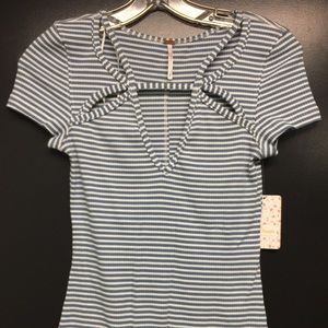 Free People Cut Out Keyhole Knit Striped Blouse