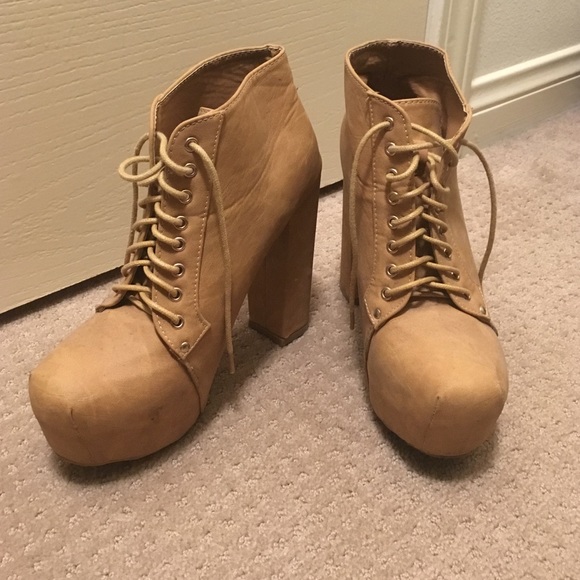 Tan Chunky Platform Lace Up Heels