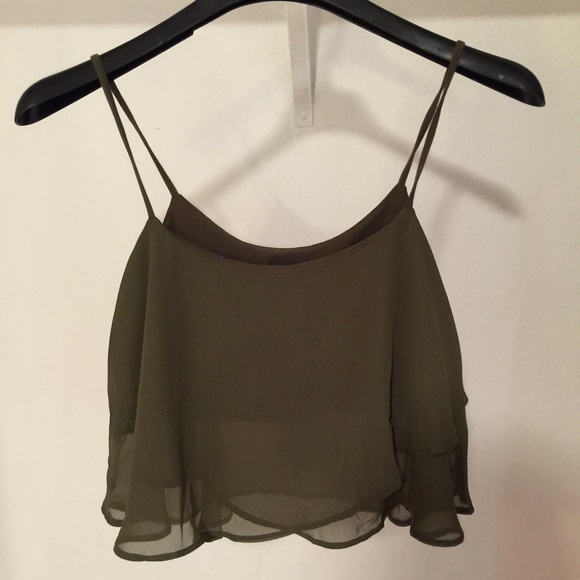 Bershka Chiffon Layered Crop Tank Top Army Green