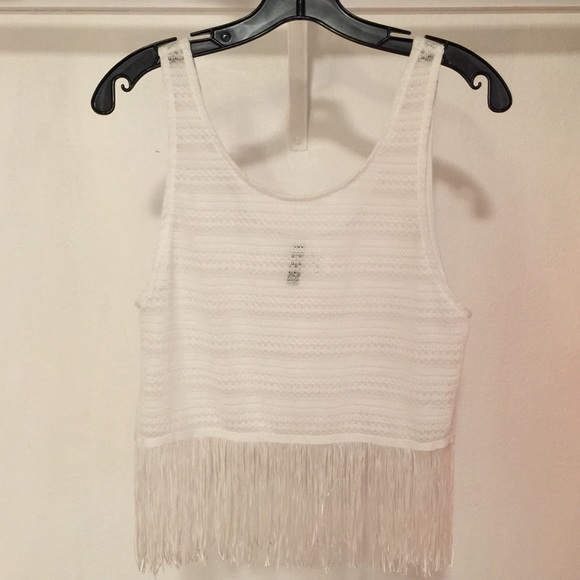 H&M Divided Crop Sheer White Woven Tasseled Tank