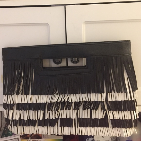 Black and white fringe clutch purse