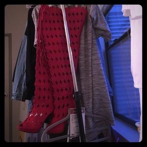 Red Lace Up Wide Calf Knee High Boots: Never Worn