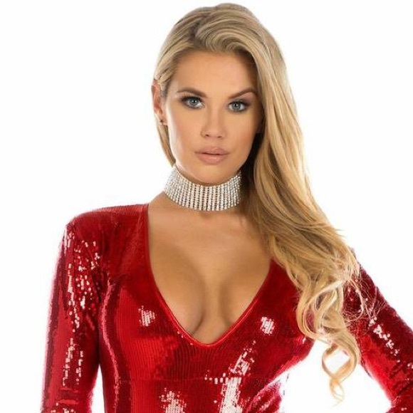 Sequin deep plunge bodysuit with faux fur trim