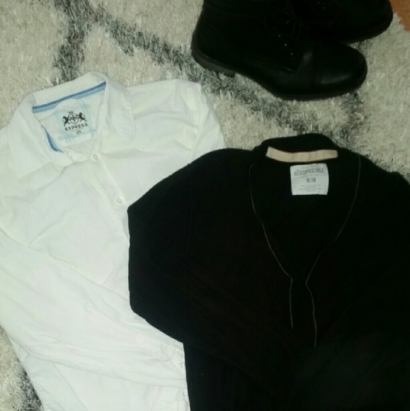 Men express white dress shirt, and black cardigan