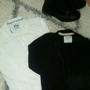 Men express white dress shirt, and black cardigan