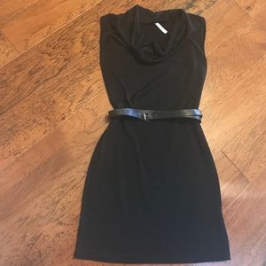 Sleeveless little black belted mini dress