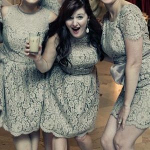 Lazaro Midlength bridesmaid dress, lace in taupe