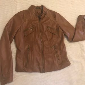 Brown faux leather bomber jacket
