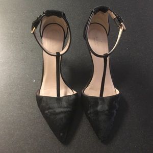 Club Monaco T strap heels with hair calf accent