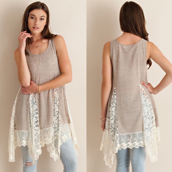 "Solitaire" Lace Insert Asymmetrical Hem Top - Picture 3 of 4
