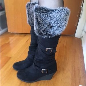 Black Heeled Boots w/ Faux Fur Embellishment
