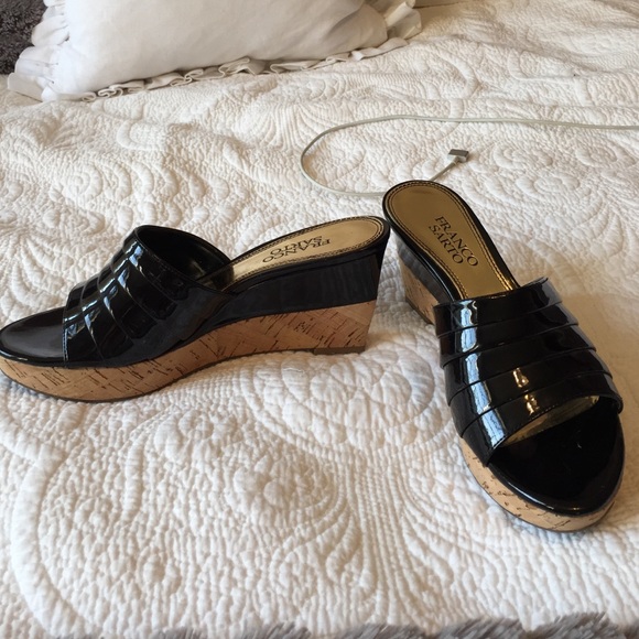 Franco Sarto patent black and cork 3 inch wedges