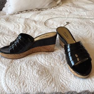 Franco Sarto patent black and cork 3 inch wedges