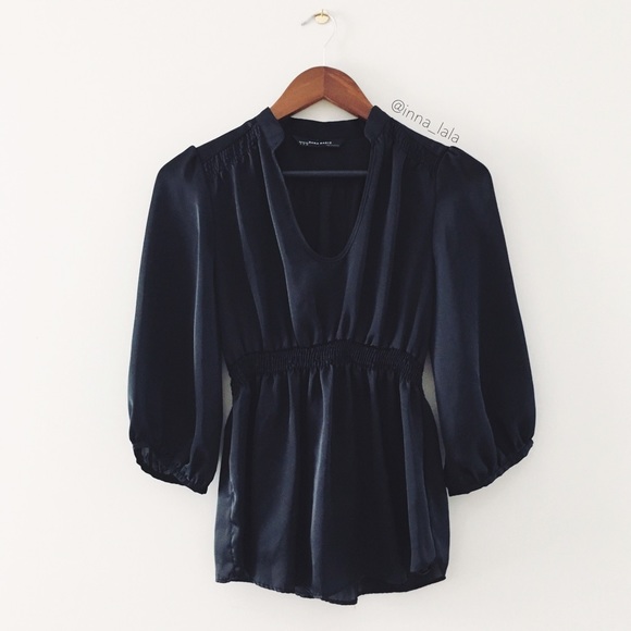 Zara Tops - Zara • Black Satin Scoop Neck Peplum Blouse