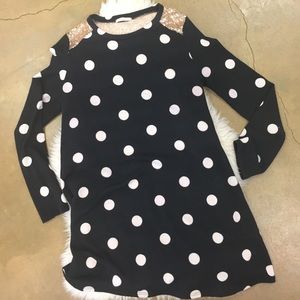Polkadot dress, sequin shoulder detail, boutique