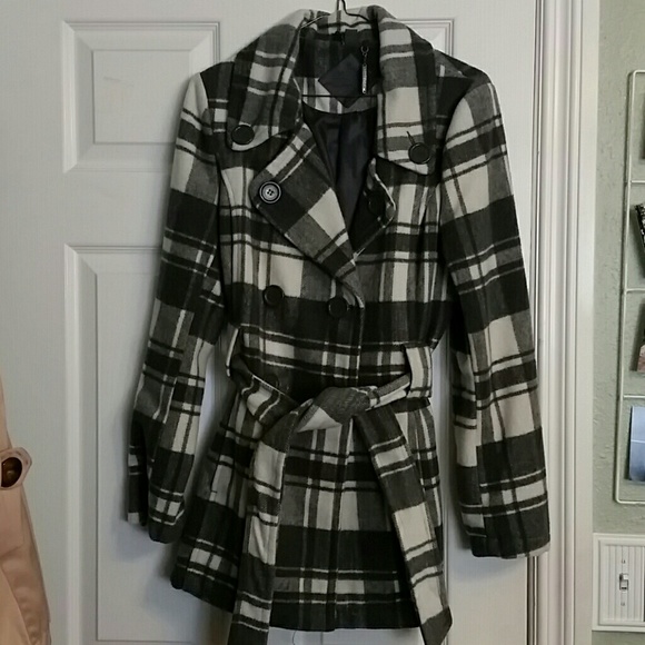 Grey and White plaid Pea coat
