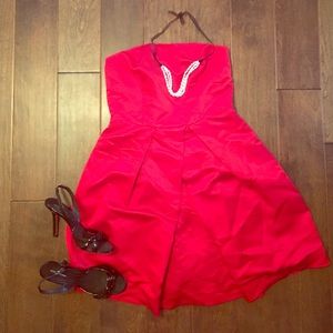 Red strapless dress