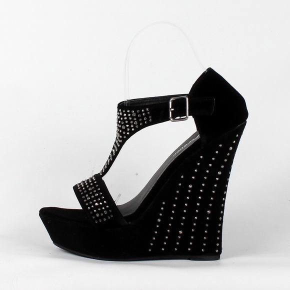 Black Rhinestones T strap Wedge sz 6 Trinity23 - Picture 2 of 4