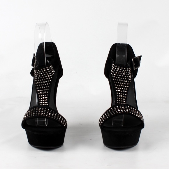 Black Rhinestones T strap Wedge sz 6 Trinity23 - Picture 3 of 4