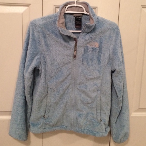 Light blue fuzzy north face jacket