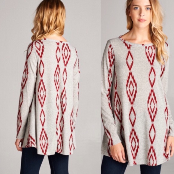 ❣️LAST-S❣️ BURGUNDY AZTEC KNIT TUNIC SWEATER TOP - Picture 2 of 4