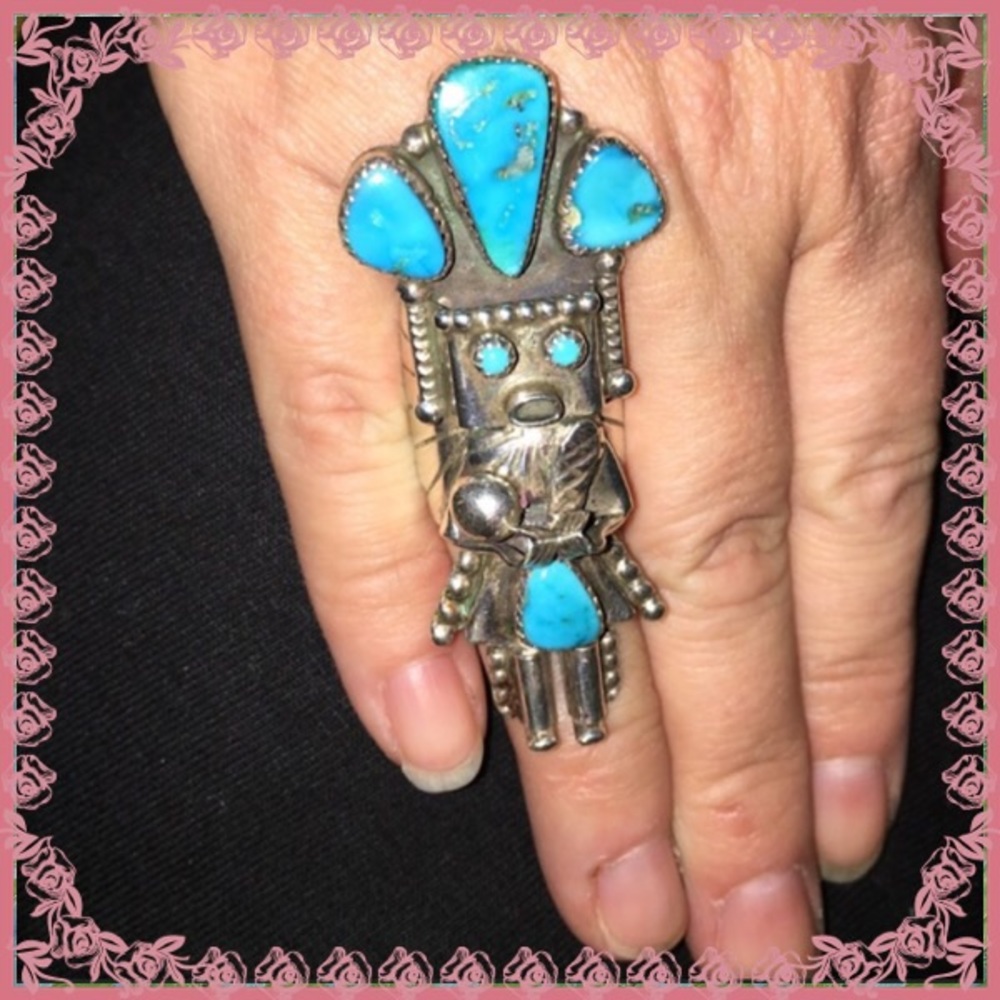 NAVAJO STERLING AND TURQUOISE KACHINA RING