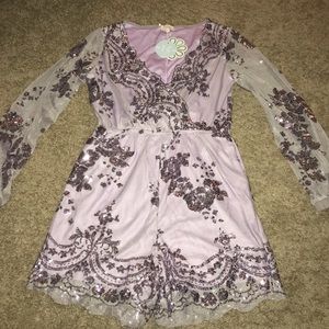 New! purple sparkle/sheer sleeve romper w/pockets