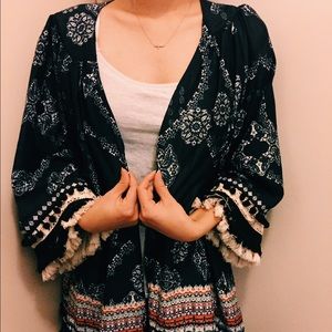 Multicolor print fringe kimono Shein