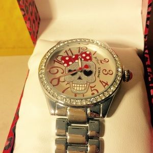 Betsey Johnson silver tone skull watch