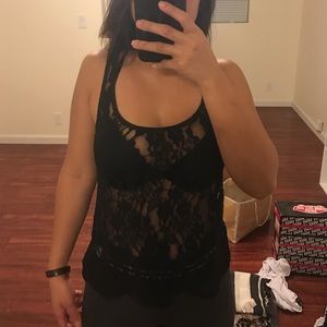 All around lace tank top with mesh stripe on back