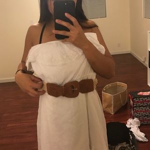 Strapless high low dress with brown belt