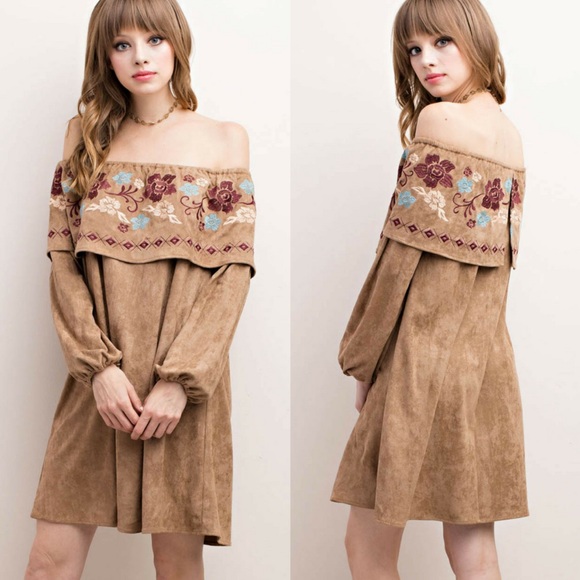‼️ONLY MED‼️Embroidered Faux Suede Off Shldr Dress - Picture 2 of 4