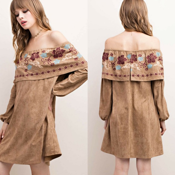 ‼️ONLY MED‼️Embroidered Faux Suede Off Shldr Dress - Picture 3 of 4