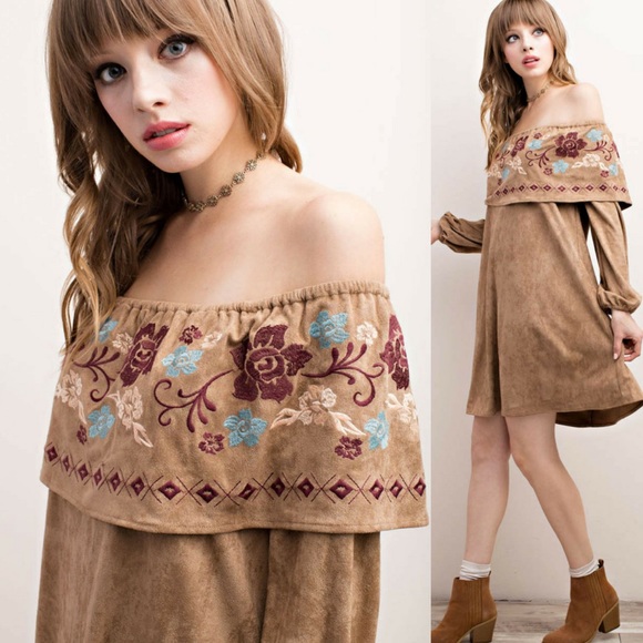 ‼️ONLY MED‼️Embroidered Faux Suede Off Shldr Dress - Picture 4 of 4