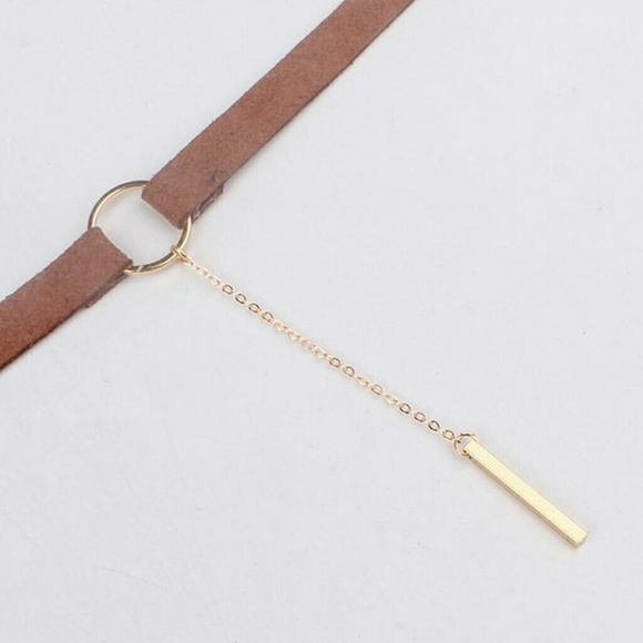 Brown Faux Leather Choker with Bar Pendant - Picture 3 of 7