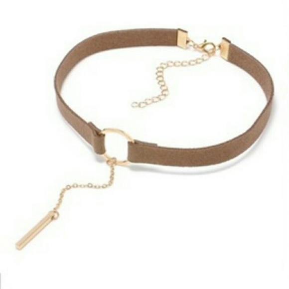 Brown Faux Leather Choker with Bar Pendant - Picture 4 of 7