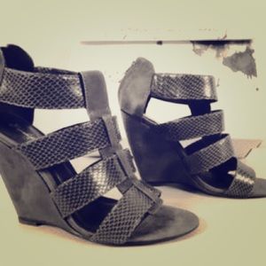 Elizabeth and James black leather slide wedge.