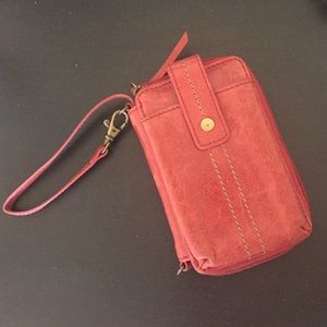 Clarks red leather wrist wallet with phone pocket