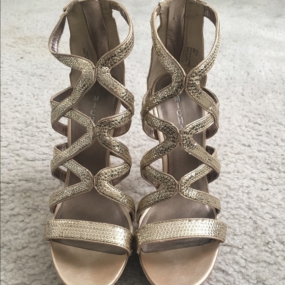 Gold metallic sequin cutout heels