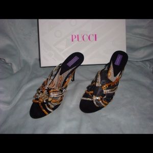 Emilio Pucci 7.5 twill black slip on heels