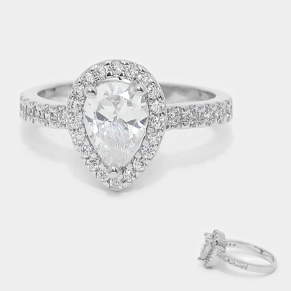 Cubic zirconia CZ pear shape halo engagement ring