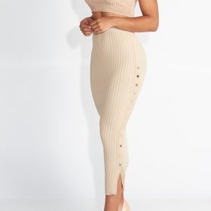 Beige Button Ribbed Maxi Skirt
