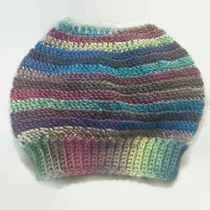 Crochet Messy Bun Beanie- Rainbow