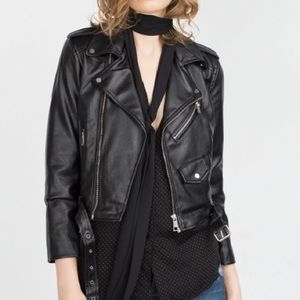 Zara Soft Leather Effect Jacket Moto Black Pocket