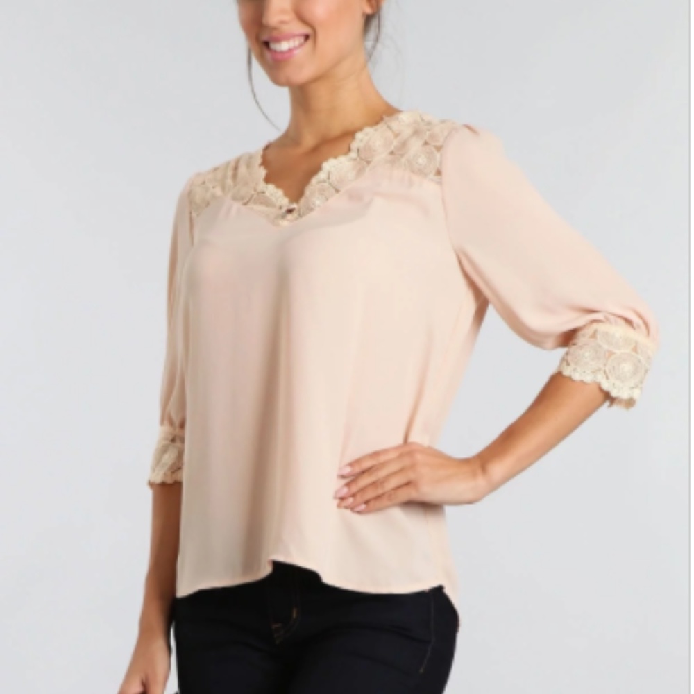 V-neck Top with Embroidered Crochet