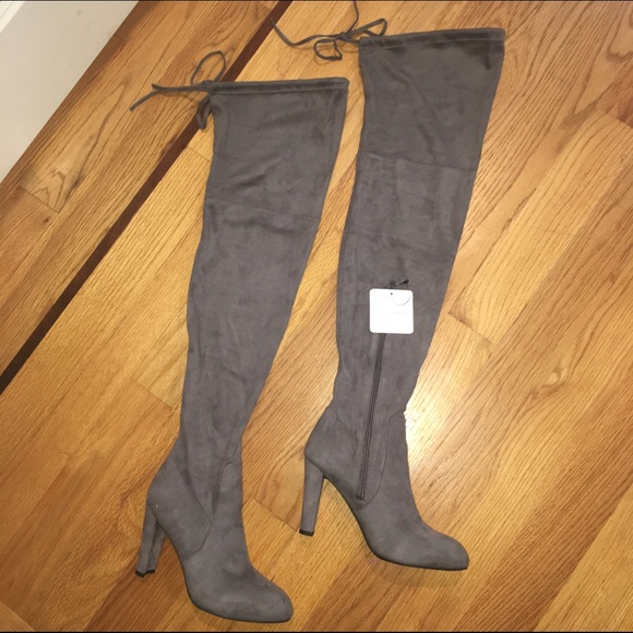 Gray over the knee faux suede boots
