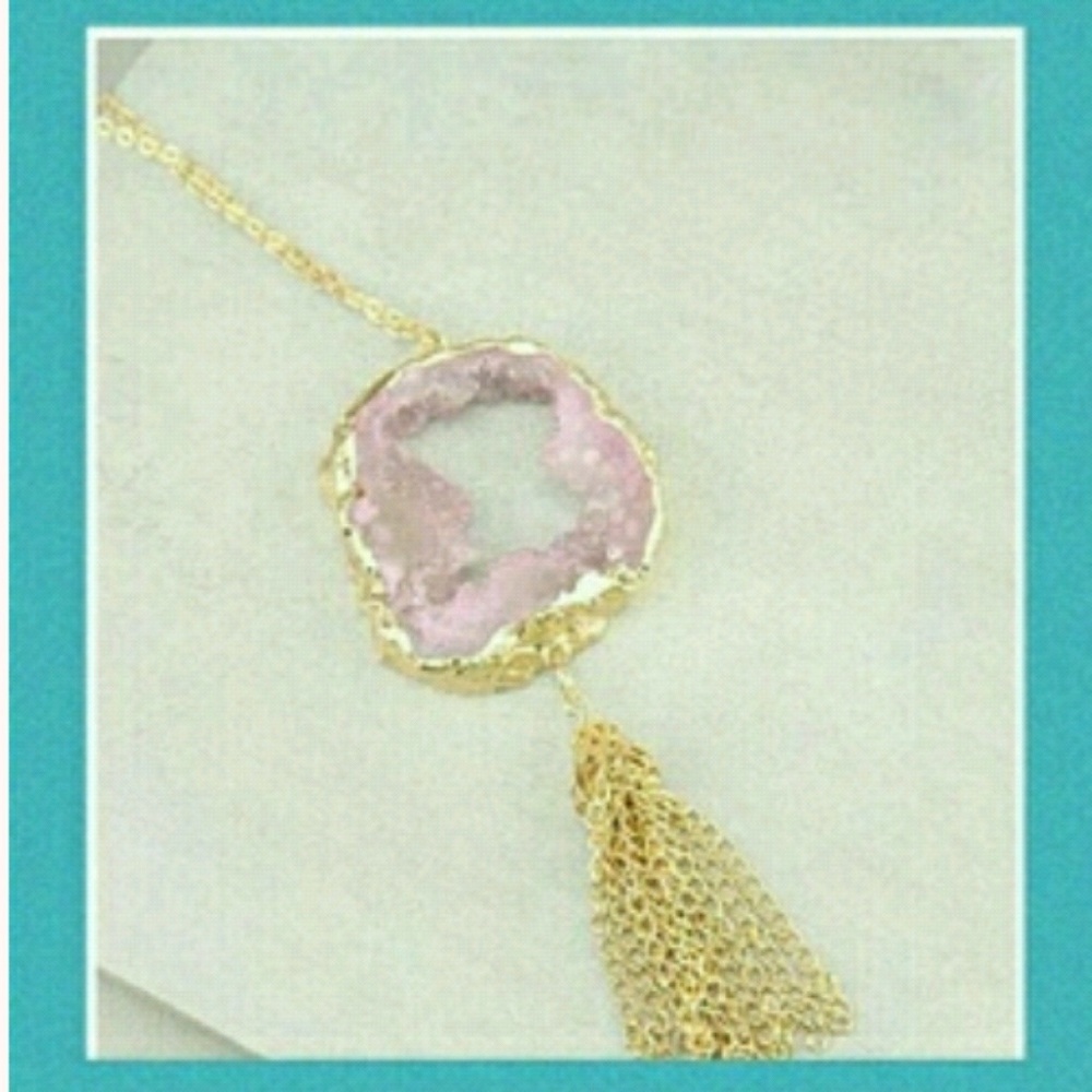 Pink Druzy Quartz Geode tassel Necklaces