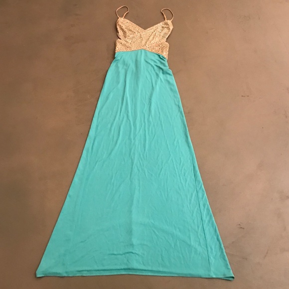 Teal, gold formal dress