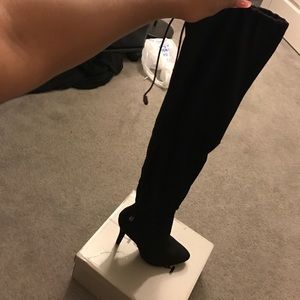 Suede thigh high heel black boots