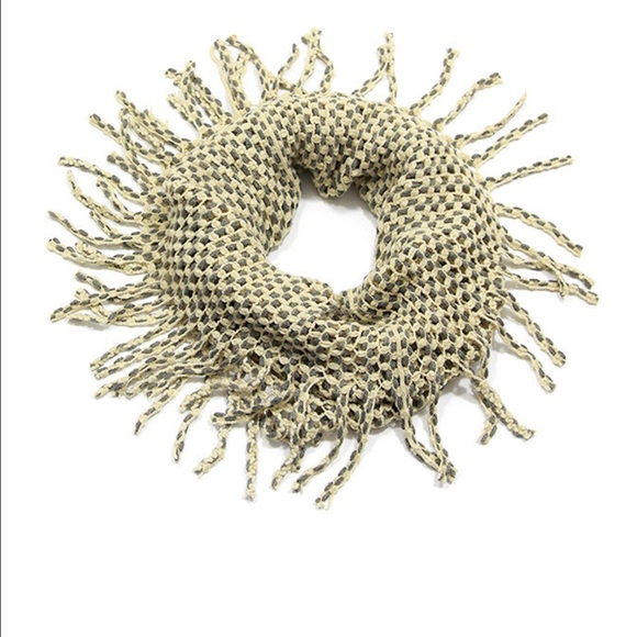 Beige Two Tone Tube Knit Fringe Infinity Scarf - Picture 2 of 3